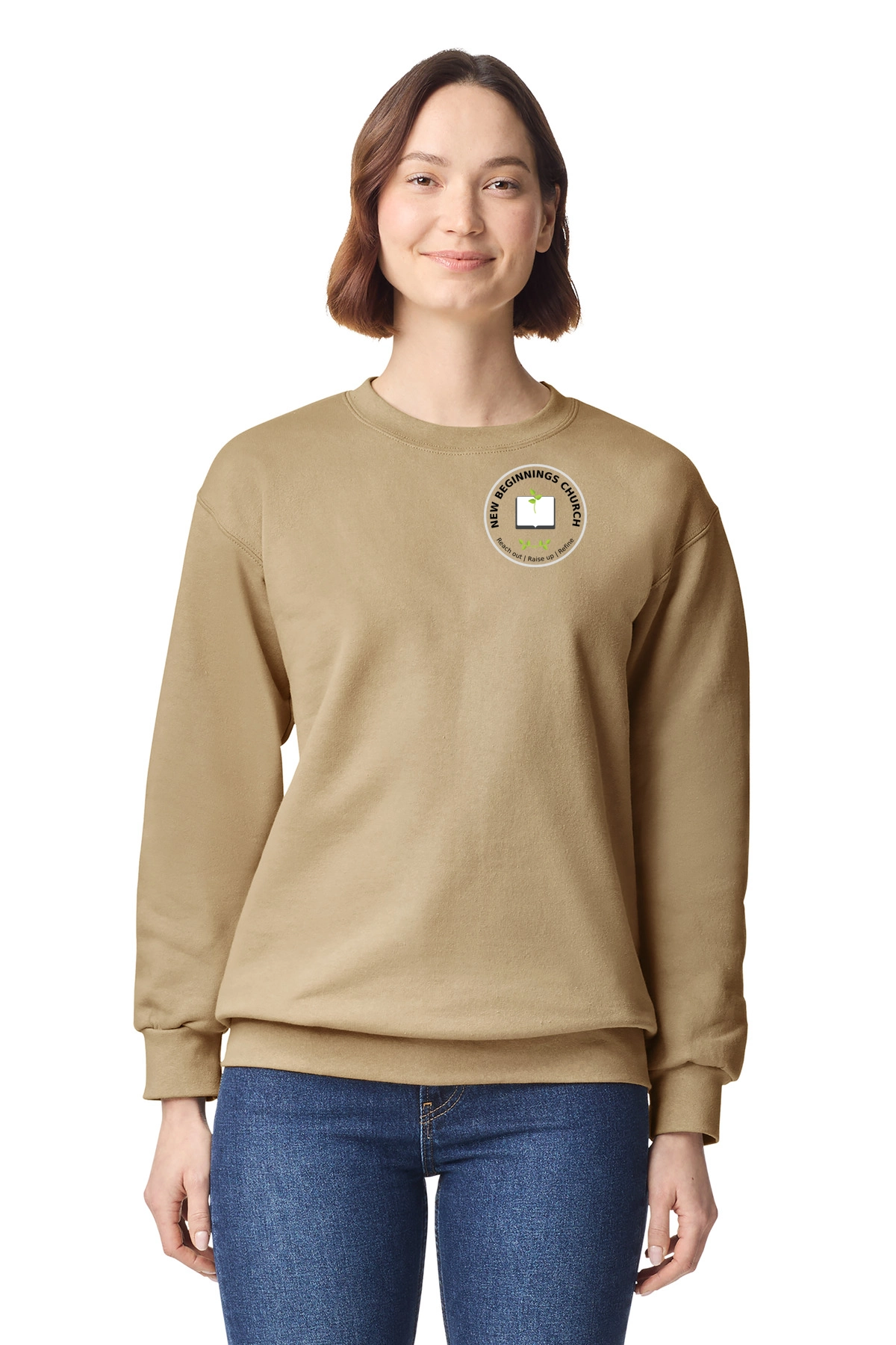 Variant Image for 19000 - Gildan Hammer® Maxweight Crewneck Sweatshirt - NBC - White-Tan - Website New Beginning Church