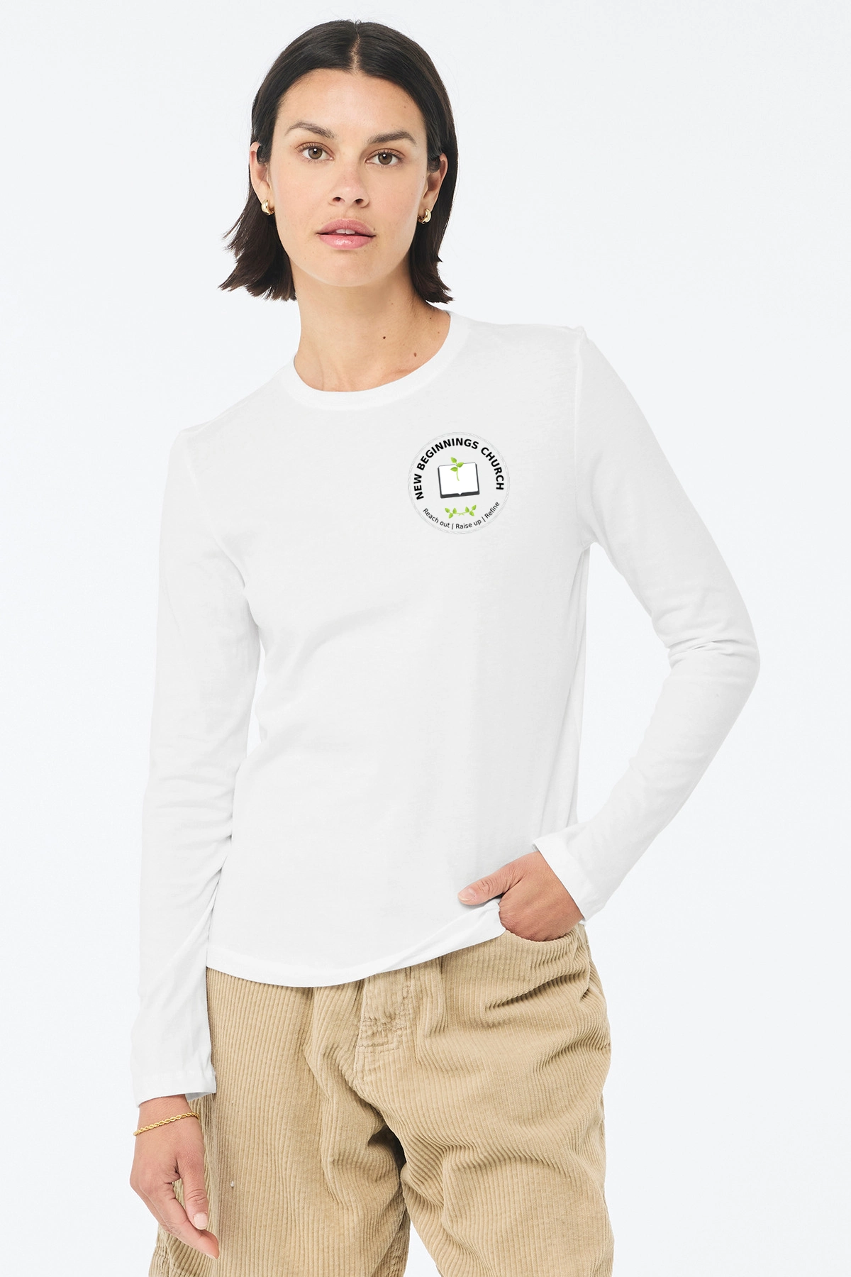 Variant Image for BC6500 - BELLA+CANVAS® Women’s Jersey Long Sleeve Tee - NBC - White-Tan - Website New Beginning Church